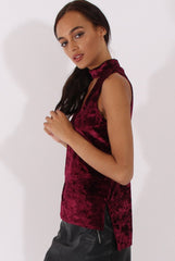 Wine Crushed Velvet Cut Out High Neck Top - Morgan-Tops