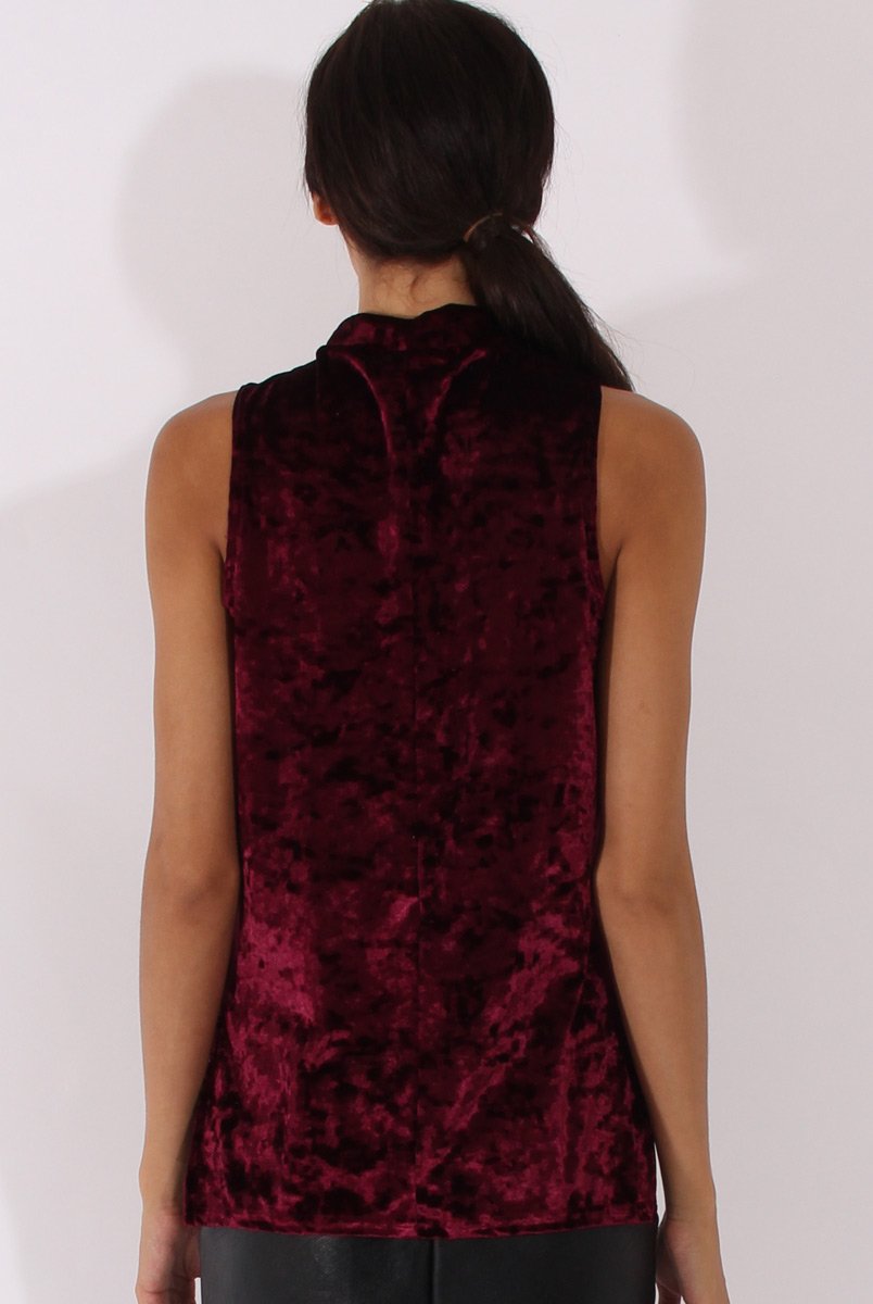 Wine Crushed Velvet Cut Out High Neck Top - Morgan-Tops