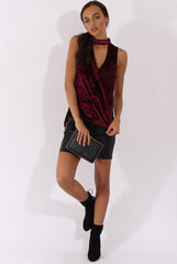 Wine Crushed Velvet Cut Out High Neck Top - Morgan-Tops
