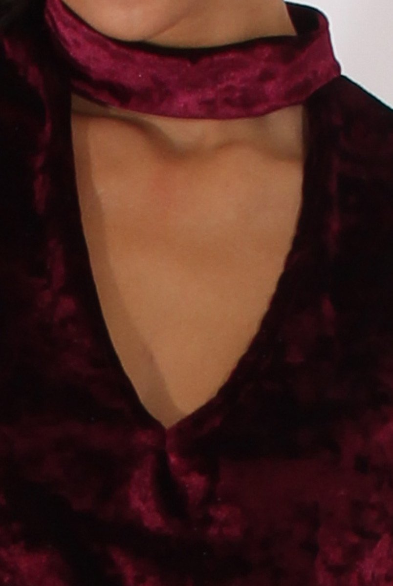 Wine Crushed Velvet Cut Out High Neck Top - Morgan-Tops