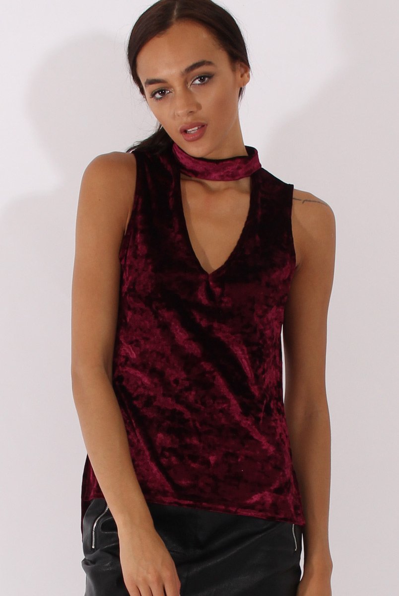 Wine Crushed Velvet Cut Out High Neck Top - Morgan-Tops