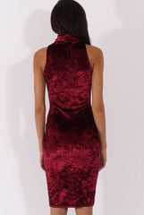 Wine Crushed Velvet Front Split Turtleneck Dress - Erin-Dresses