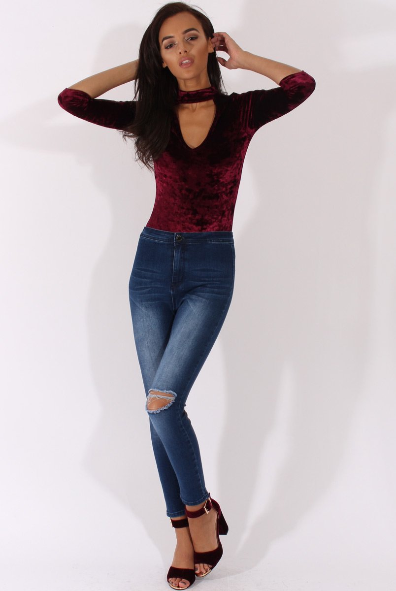 Wine Crushed Velvet High Neck Cut Out Bodysuit - Asumi-Bodysuits