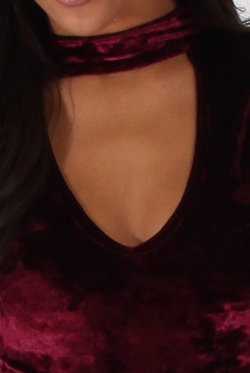 Wine Crushed Velvet High Neck Cut Out Bodysuit - Asumi-Bodysuits