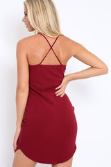 Wine Curved Hem Cross Strap Bodycon Dress - Kimmie-Dresses