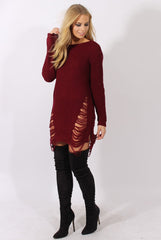 Wine Distressed Jumper Dress - Kim-Jumper
