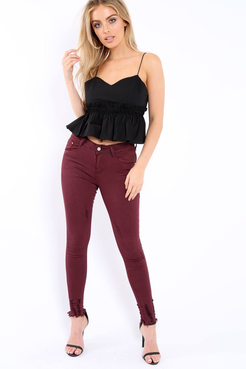 Wine Distressed Skinny Jeans - Isabellah-Jeans