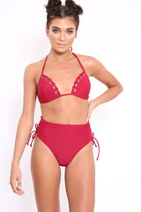 Wine Eyelet High Leg Bikini - Patti-Bikinis