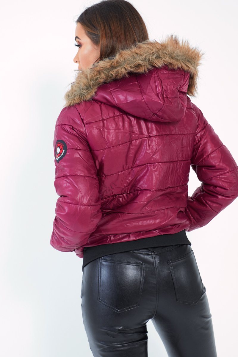 Wine Faux Fur Hooded Puffer Coat - Kamorah-Coats
