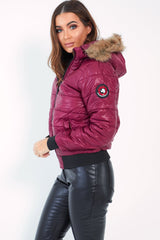 Wine Faux Fur Hooded Puffer Coat - Kamorah-Coats