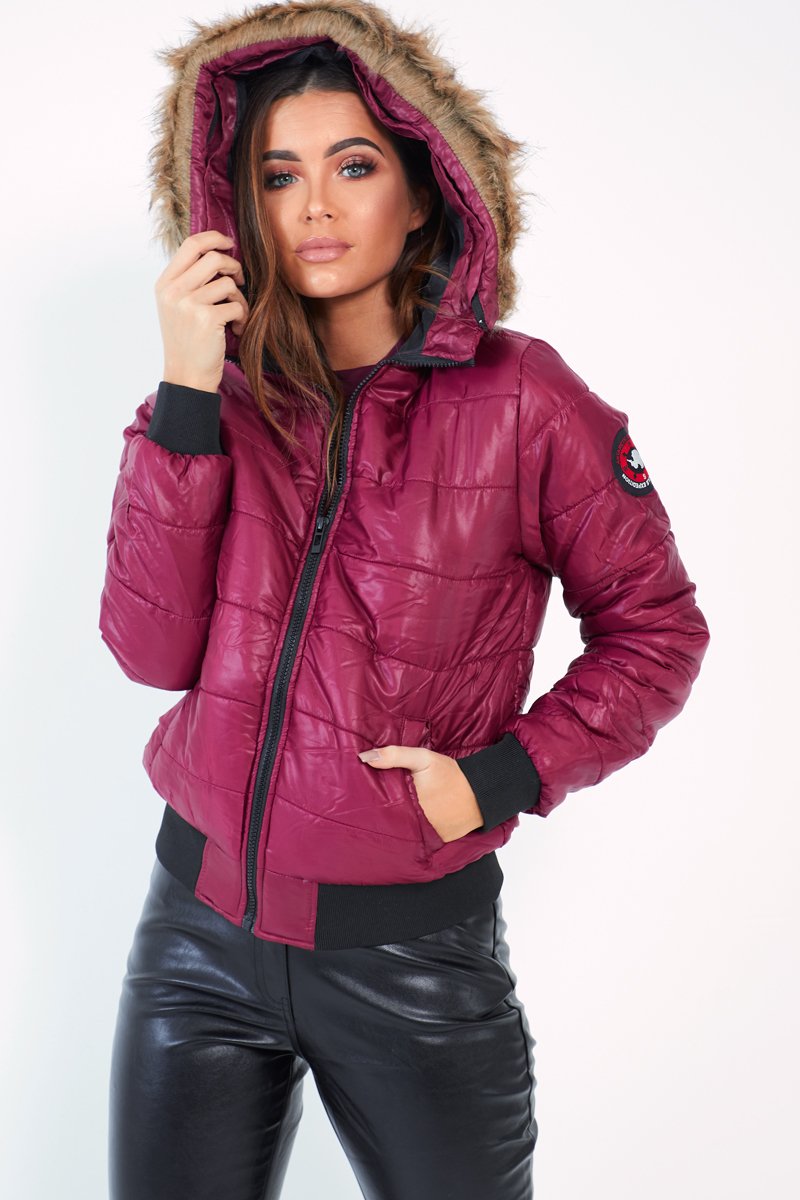 Wine Faux Fur Hooded Puffer Coat - Kamorah-Coats