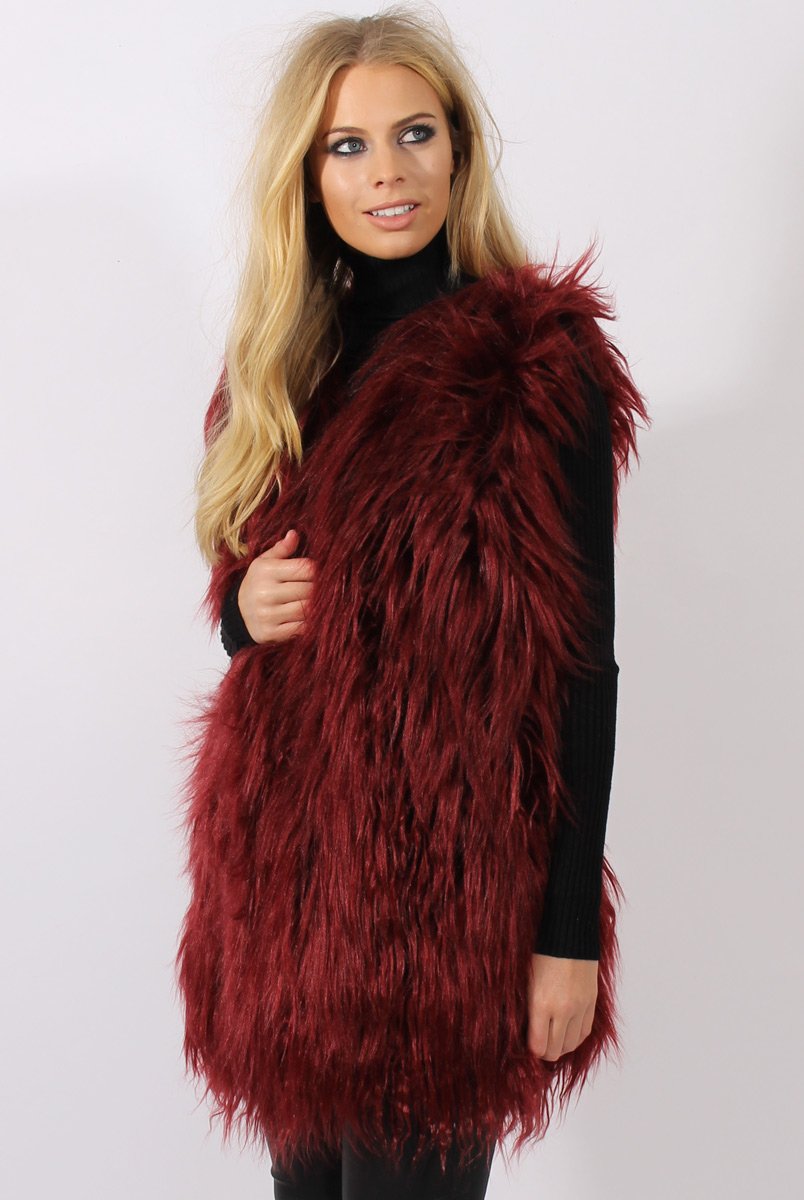 Wine Faux Fur Shaggy Gilet - Liberty-Jackets