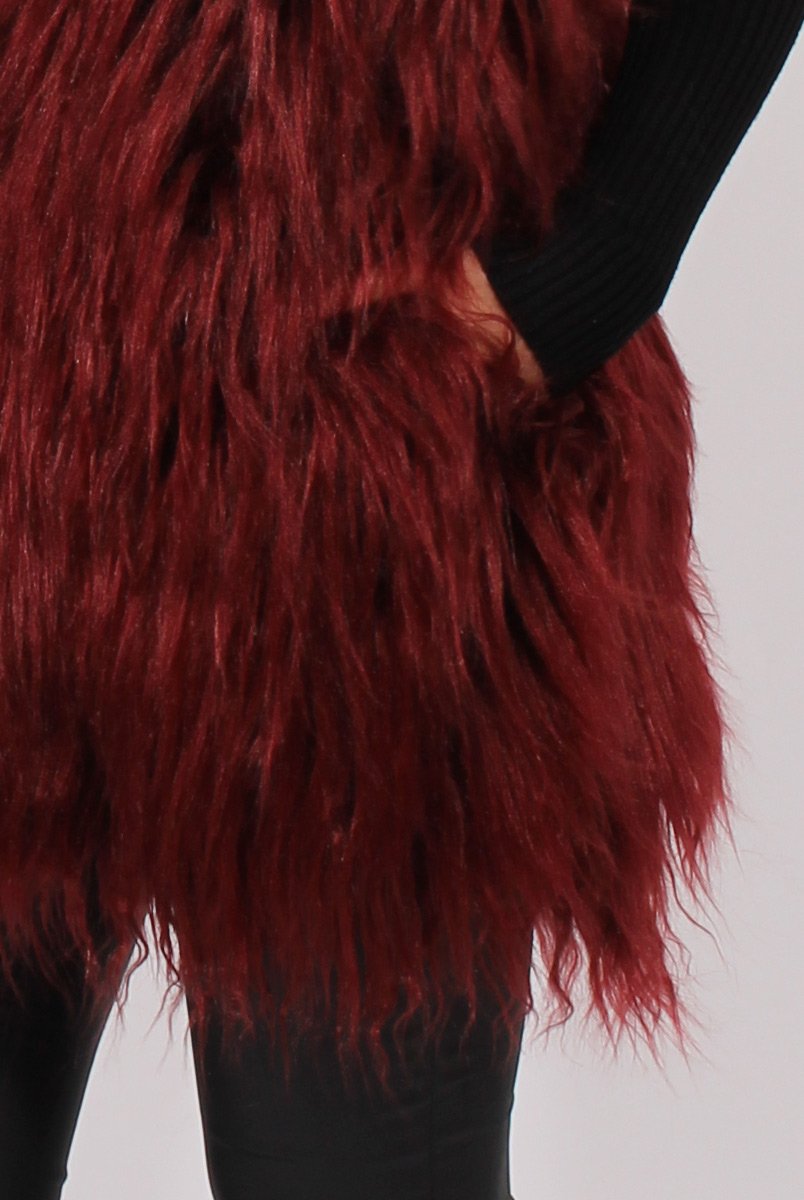 Wine Faux Fur Shaggy Gilet - Liberty-Jackets