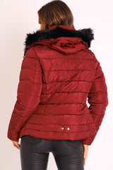 Wine Faux Fur Trim Hood Padded Coat - Jessabelle-Coats