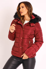 Wine Faux Fur Trim Hood Padded Coat - Jessabelle-Coats
