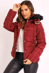 Wine Faux Fur Trim Hood Padded Coat - Jessabelle-Coats