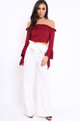 Wine Faux Suede Bardot Frill Crop Top with Flared Sleeves - Tiffy-Tops