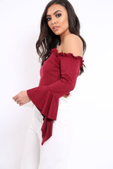 Wine Faux Suede Bardot Frill Crop Top with Flared Sleeves - Tiffy-Tops