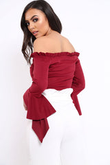 Wine Faux Suede Bardot Frill Crop Top with Flared Sleeves - Tiffy-Tops