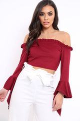 Wine Faux Suede Bardot Frill Crop Top with Flared Sleeves - Tiffy-Tops