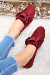 Wine Faux Suede Bow Front Loafers - Geena-Flats