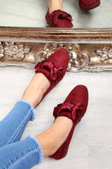 Wine Faux Suede Bow Front Loafers - Geena-Flats