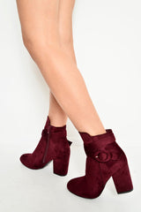 Wine Faux Suede Buckle Detail Ankle Boots - Jaielle-Boots