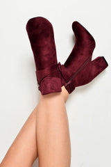 Wine Faux Suede Buckle Detail Ankle Boots - Jaielle-Boots