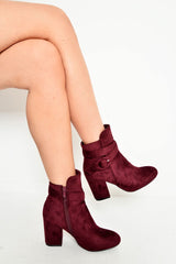 Wine Faux Suede Buckle Detail Ankle Boots - Jaielle-Boots