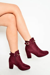 Wine Faux Suede Gold Buckle Detail Ankle Boots - Jynelle-Boots