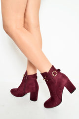 Wine Faux Suede Gold Buckle Detail Ankle Boots - Jynelle-Boots