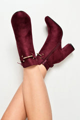 Wine Faux Suede Gold Buckle Detail Ankle Boots - Jynelle-Boots
