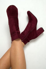 Wine Faux Suede Strap Detail Buckle Ankle Boots - Sabryna-Boots
