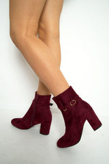 Wine Faux Suede Strap Detail Buckle Ankle Boots - Sabryna-Boots