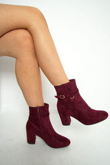 Wine Faux Suede Strap Detail Buckle Ankle Boots - Sabryna-Boots