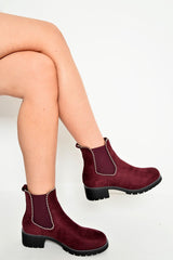 Wine Faux Suede Stud Trim Chelsea Boots - Spencer-Shoes