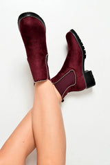 Wine Faux Suede Stud Trim Chelsea Boots - Spencer-Shoes
