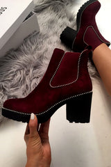 Wine Faux Suede Stud Trim Chelsea Boots - Spencer-Shoes