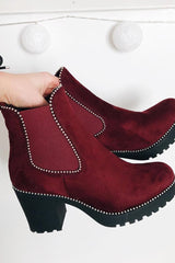 Wine Faux Suede Stud Trim Chelsea Boots - Spencer-Shoes