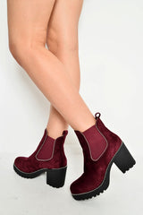 Wine Faux Suede Stud Trim Chunky Chelsea Boots - Leana-Boots