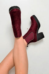 Wine Faux Suede Stud Trim Chunky Chelsea Boots - Leana-Boots