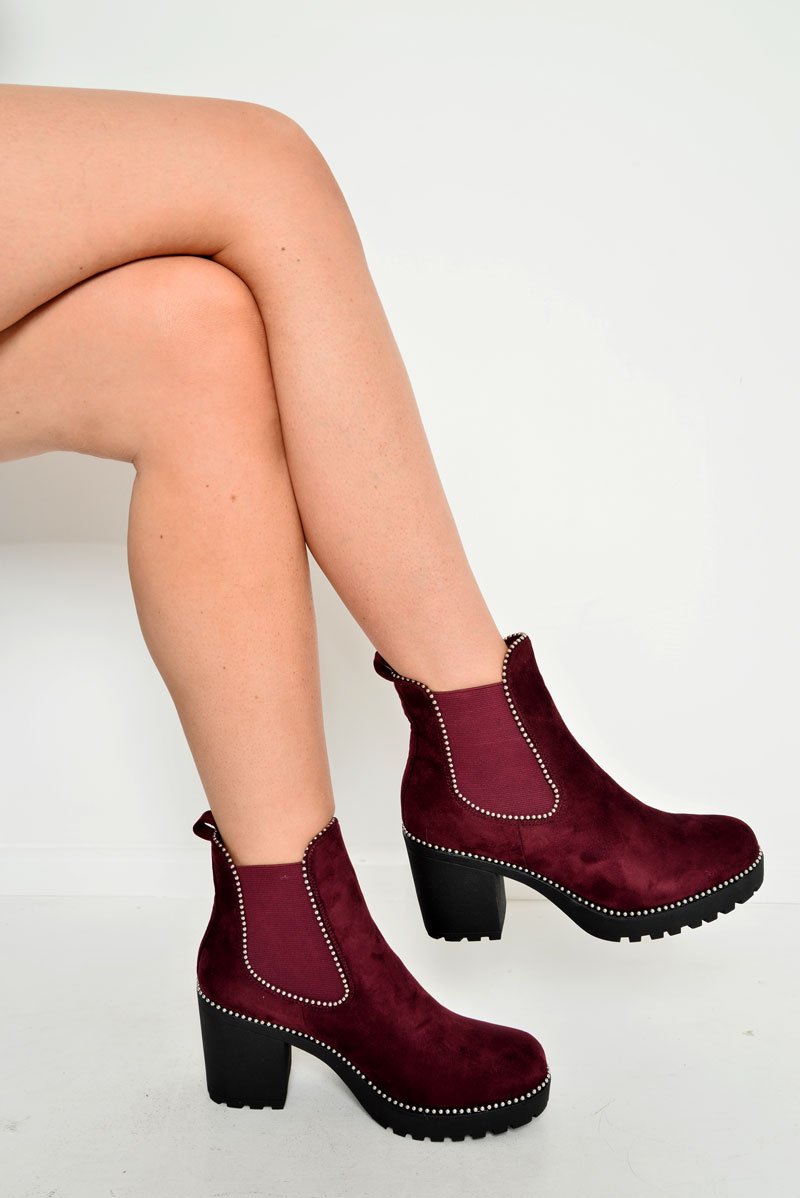 Wine Faux Suede Stud Trim Chunky Chelsea Boots - Leana-Boots