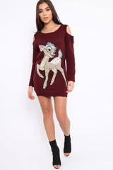Wine Festive Deer Cold Shouldered Jumper Dress - Catarina-Dresses