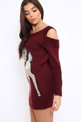 Wine Festive Deer Cold Shouldered Jumper Dress - Catarina-Dresses