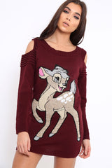 Wine Festive Deer Cold Shouldered Jumper Dress - Catarina-Dresses