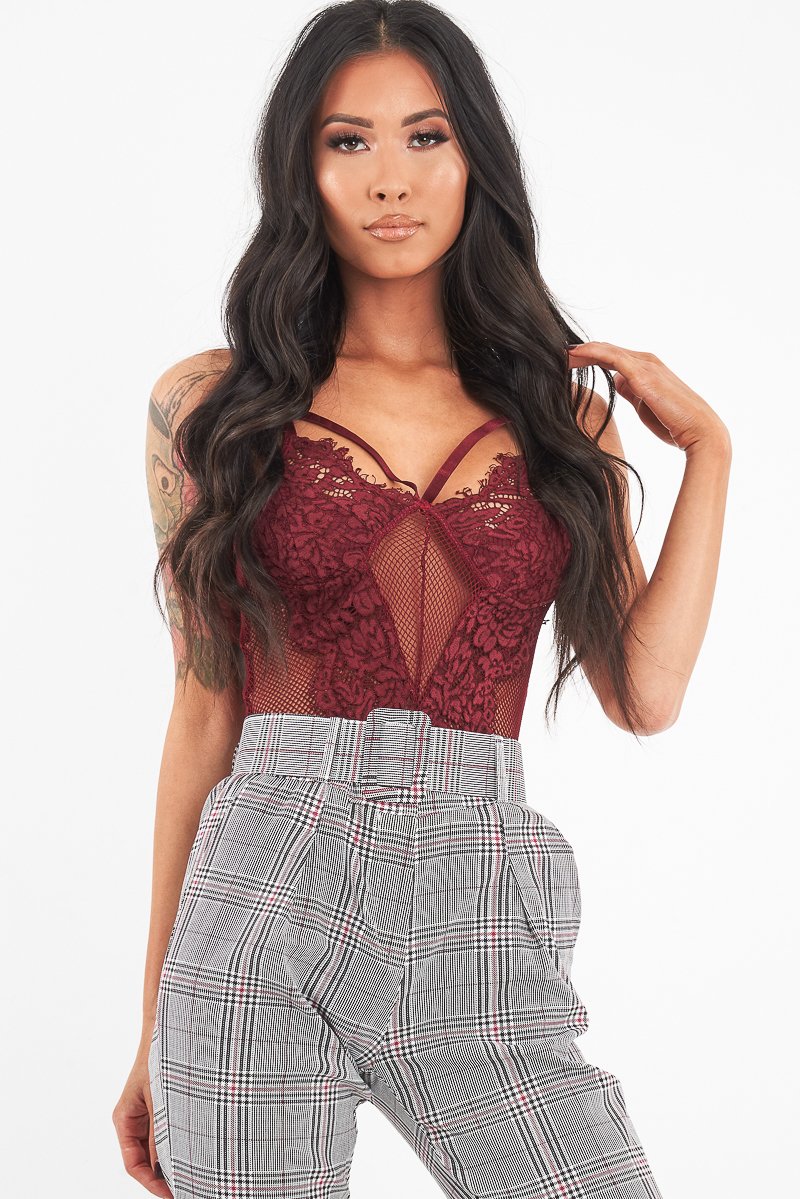 Wine Fishnet Floral Lace Strappy Mesh Bodysuit - Hallee-Bodysuits