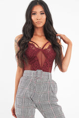 Wine Fishnet Floral Lace Strappy Mesh Bodysuit - Hallee-Bodysuits