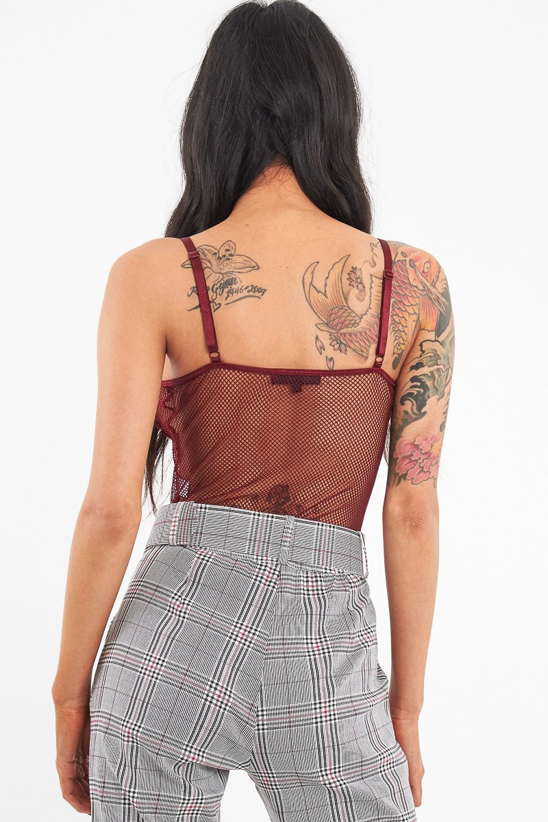 Wine Fishnet Floral Lace Strappy Mesh Bodysuit - Hallee-Bodysuits