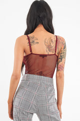 Wine Fishnet Floral Lace Strappy Mesh Bodysuit - Hallee-Bodysuits