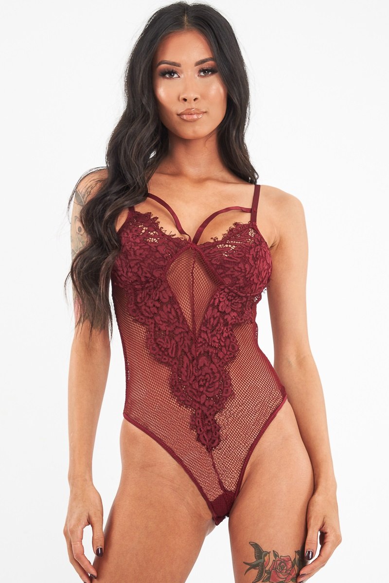 Wine Fishnet Floral Lace Strappy Mesh Bodysuit - Hallee-Bodysuits